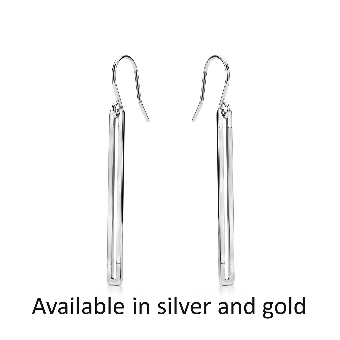 Pair of titanium silver earrings on a white background with text indicating availability in silver and gold.