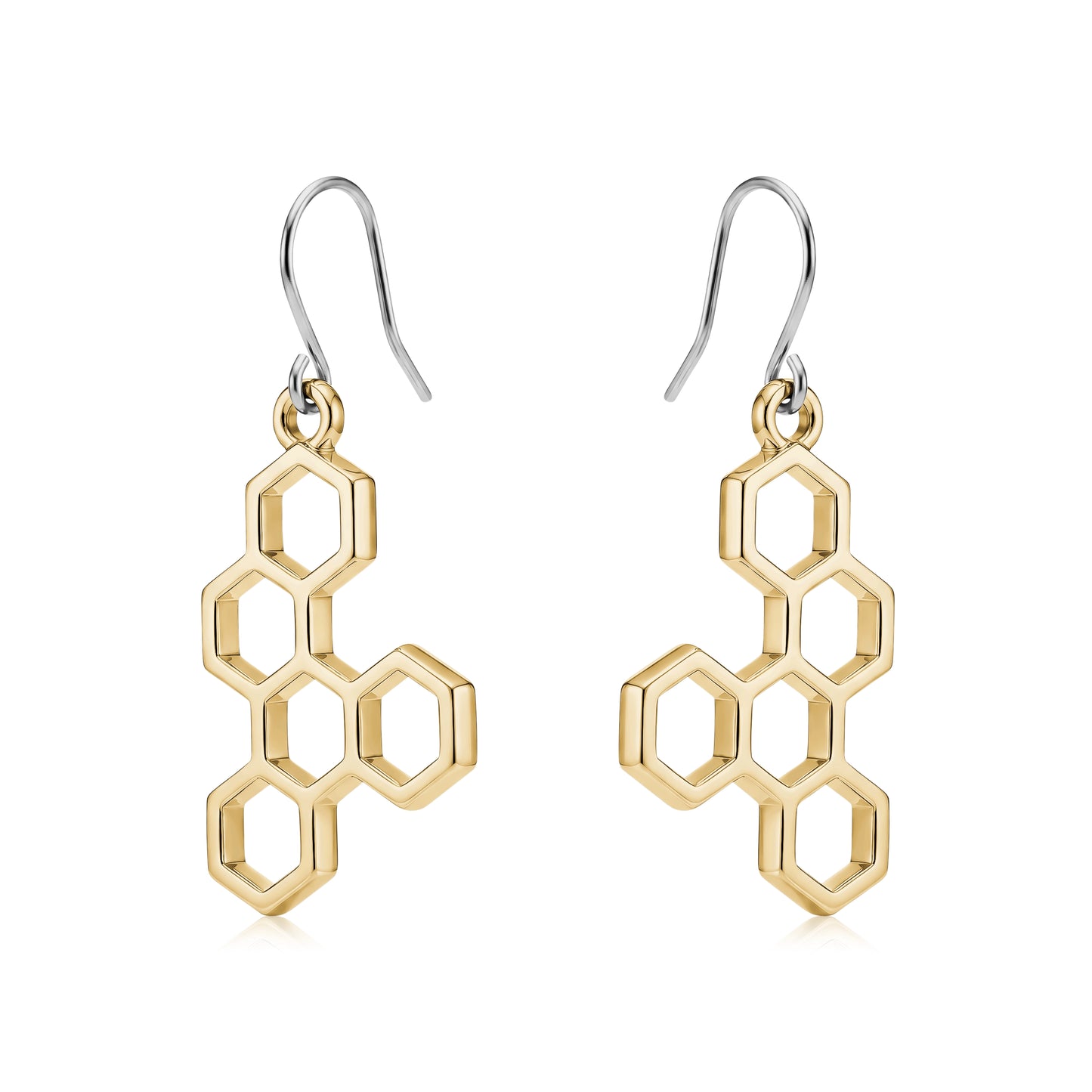 Honeycomb gold earring with a titanium hook on a white background