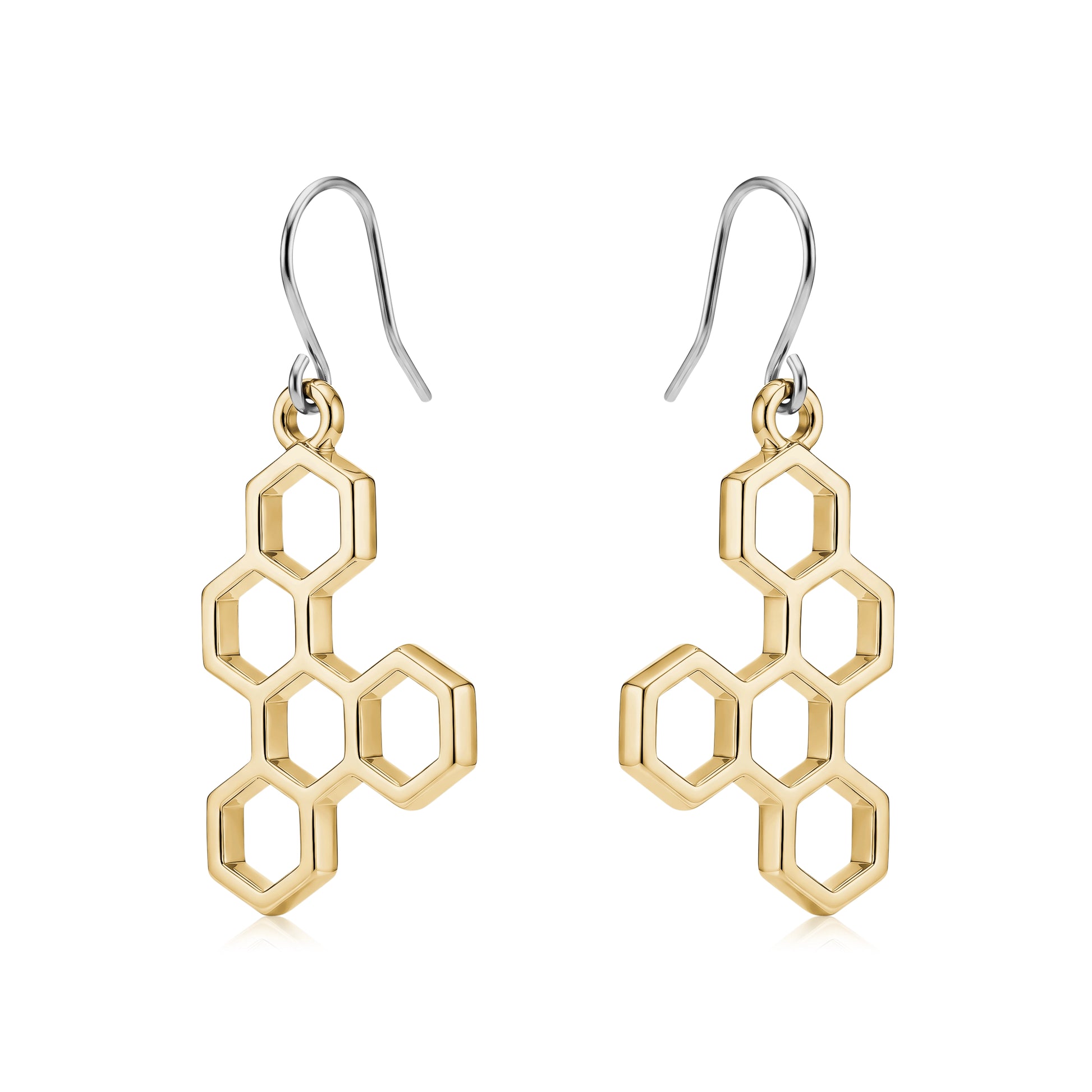 Honeycomb gold earring with a titanium hook on a white background
