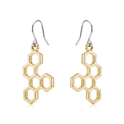 Honeycomb gold earring with a titanium hook on a white background