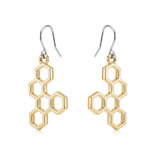 Honeycomb gold earring with a titanium hook on a white background