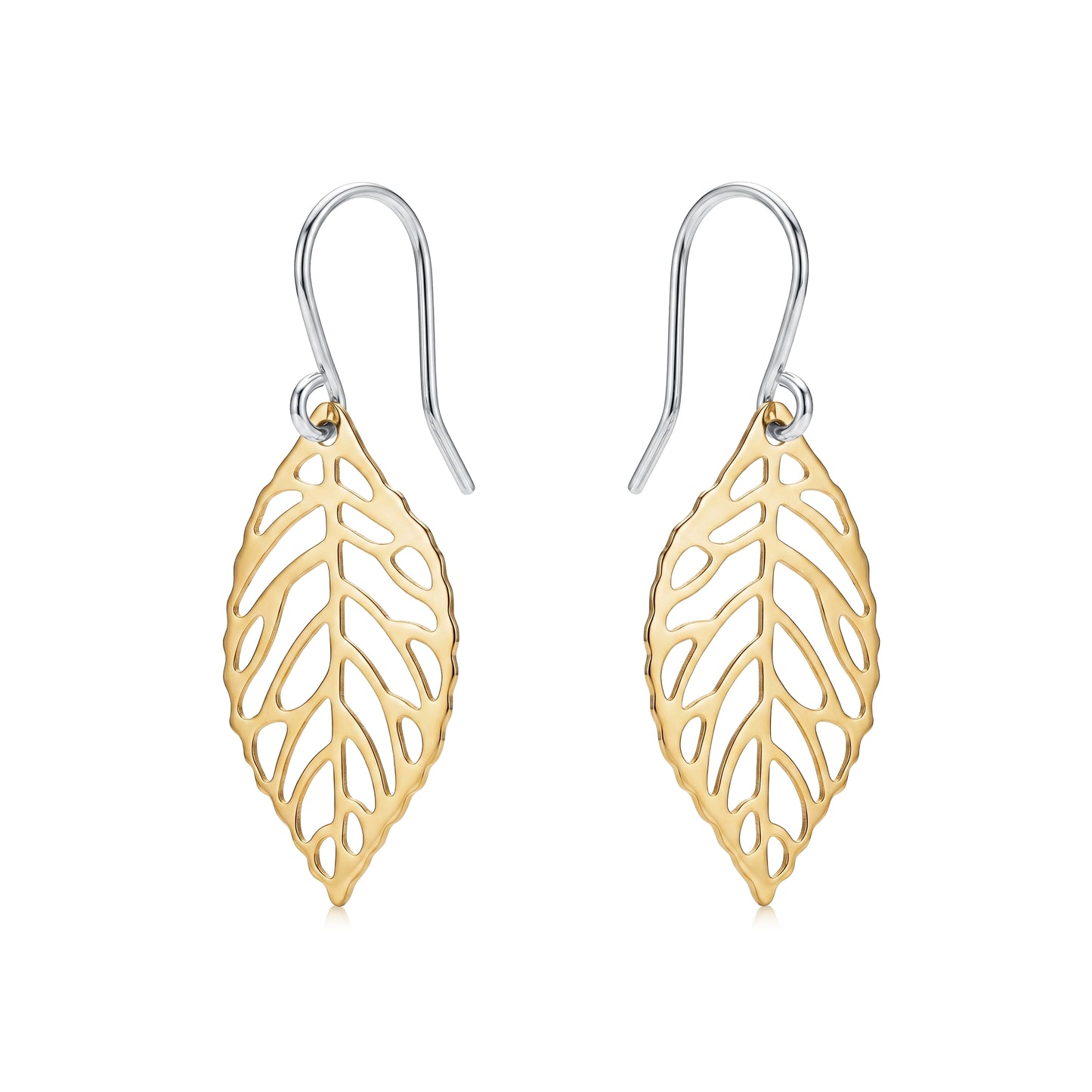 Mini golden leaf earring with a titanium hook on a white background