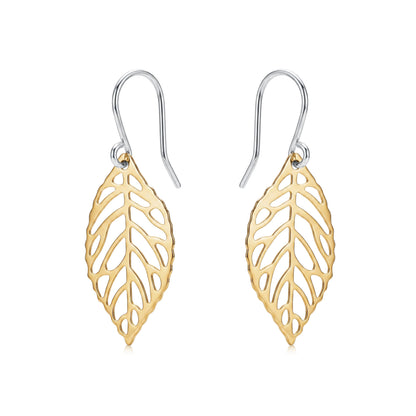 Mini golden leaf earring with a titanium hook on a white background