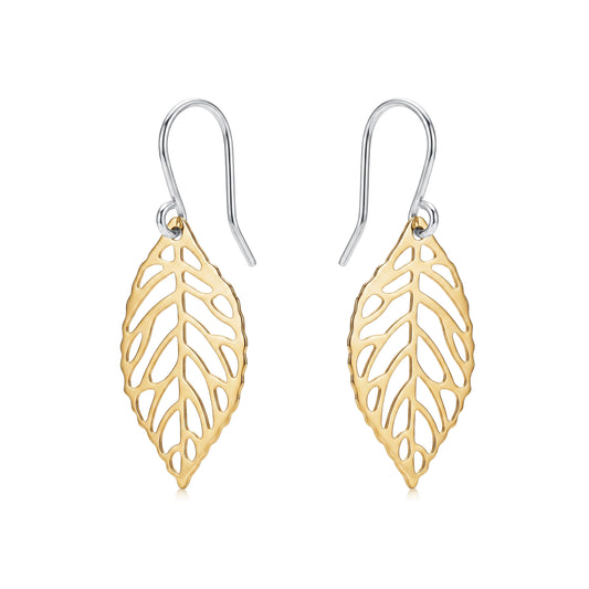 Mini golden leaf earring with a titanium hook on a white background