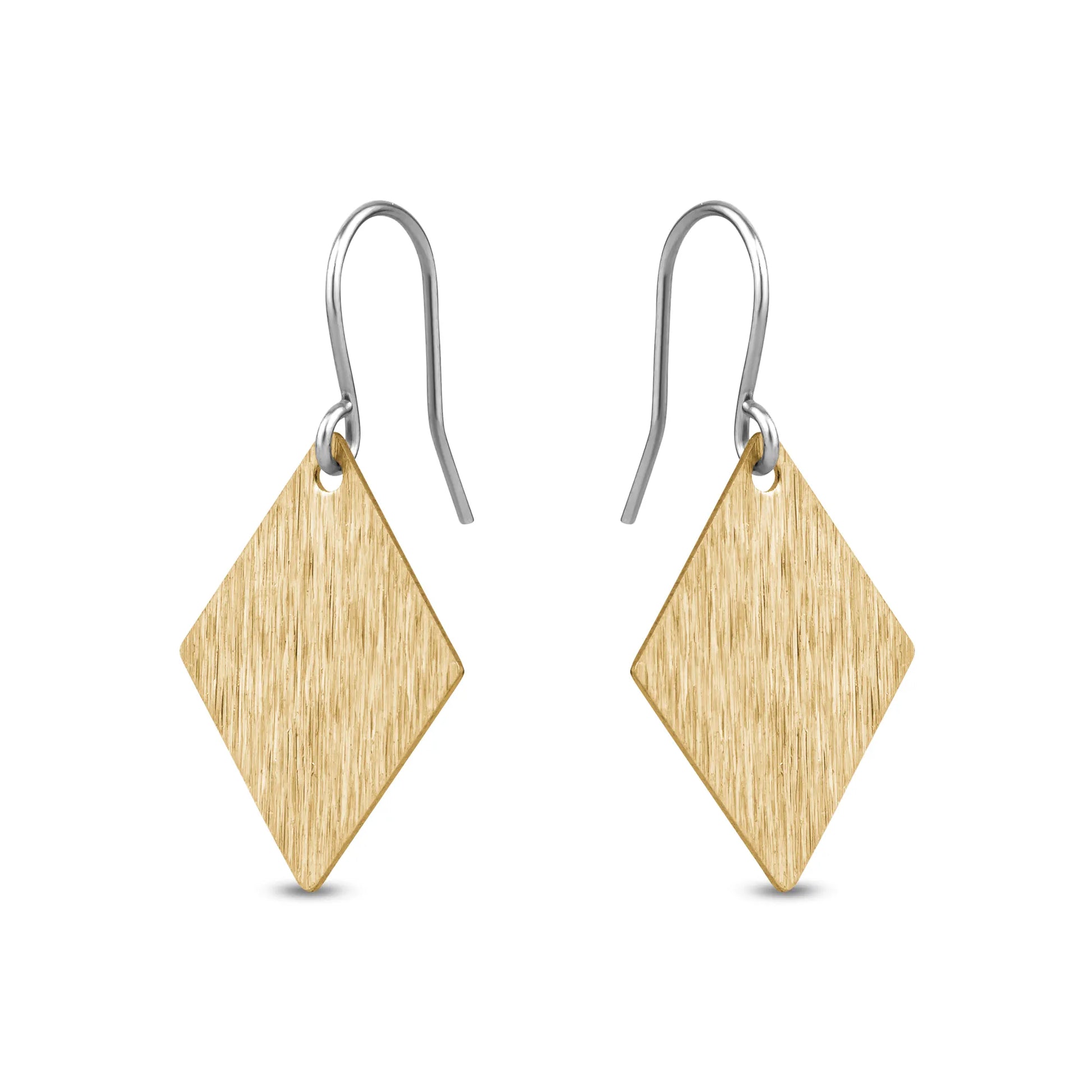 Gold diamond-shaped titanium earrings on a white background