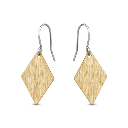 Gold diamond-shaped titanium earrings on a white background