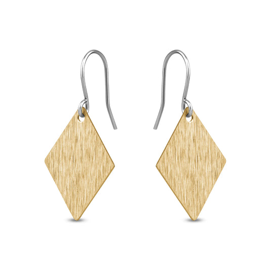 Gold diamond-shaped titanium earrings on a white background