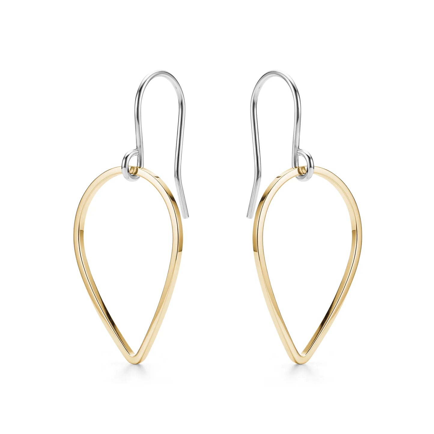 Pair of gold titanium teardrop-shaped earrings on a white background