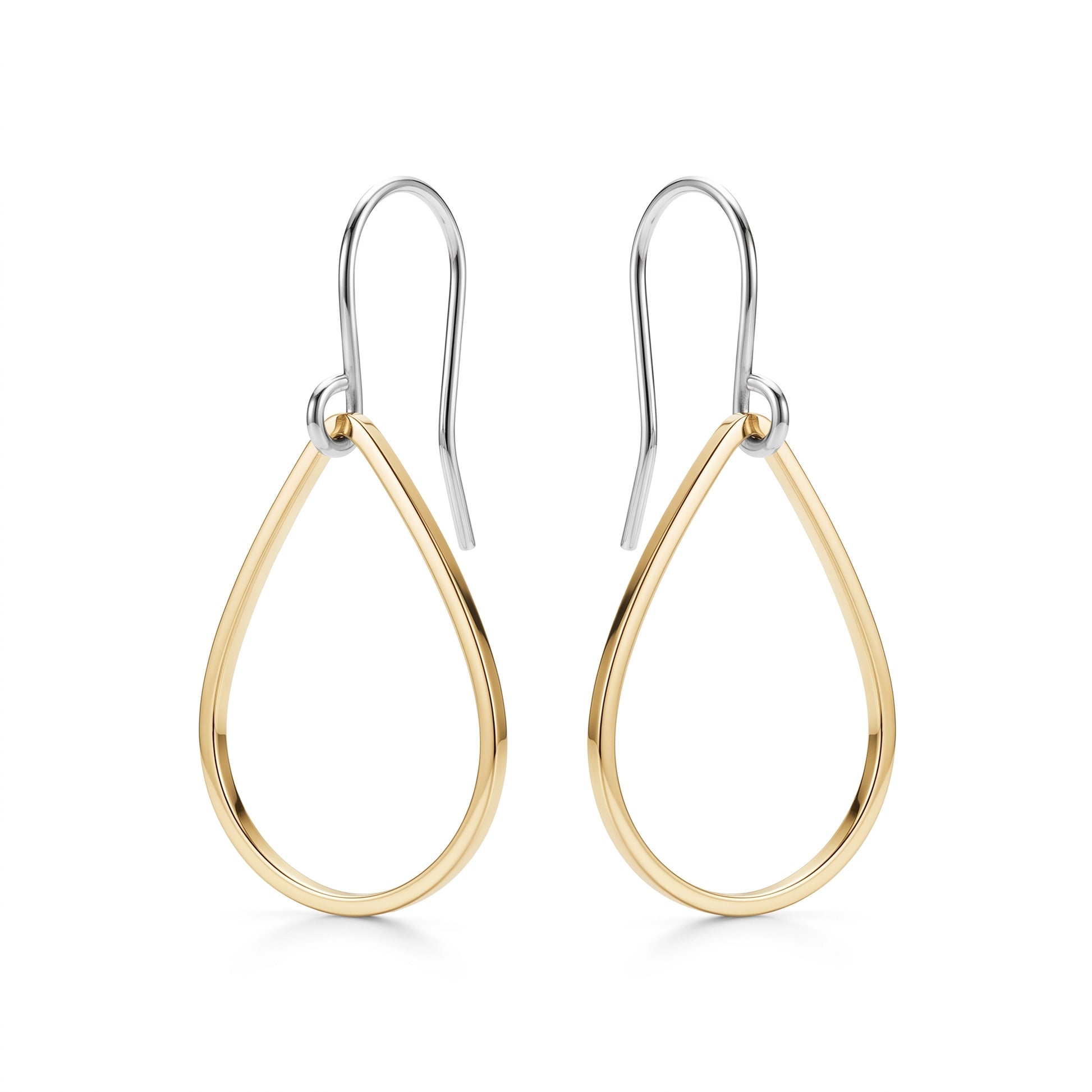 Pair of gold titanium teardrop-shaped earrings on a white background