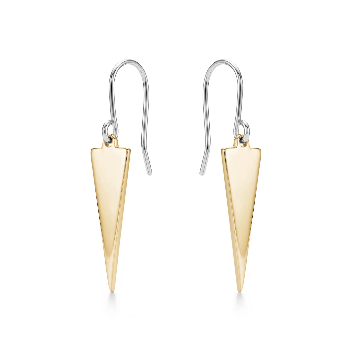 Pair of gold titanium triangle earrings on a white background