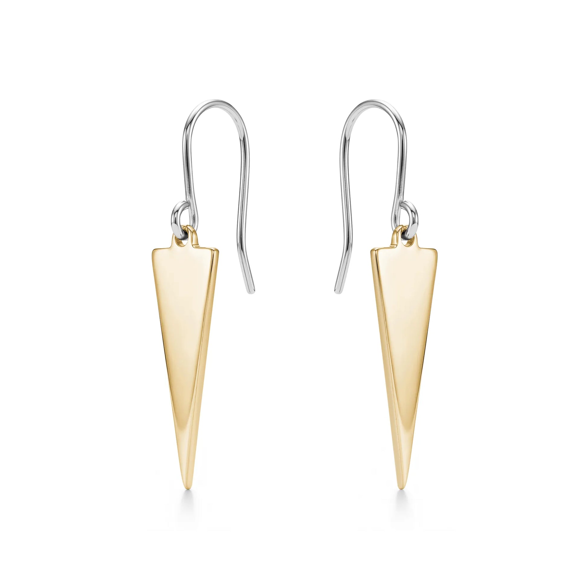 Pair of gold titanium triangle earrings on a white background