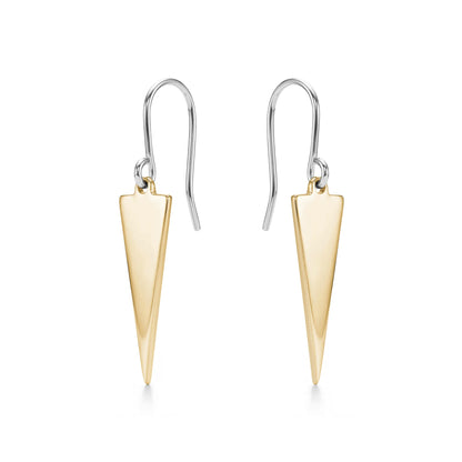 Pair of gold titanium triangle earrings on a white background