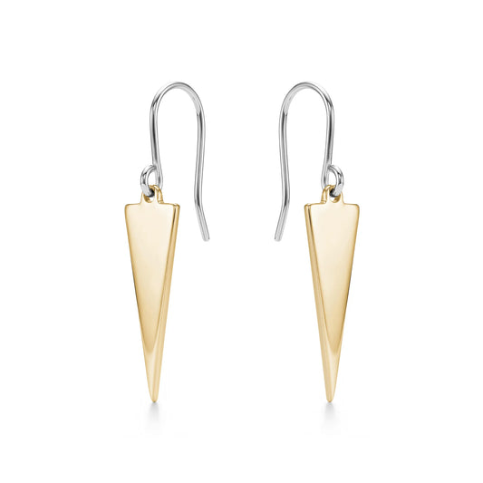 Pair of gold titanium triangle earrings on a white background