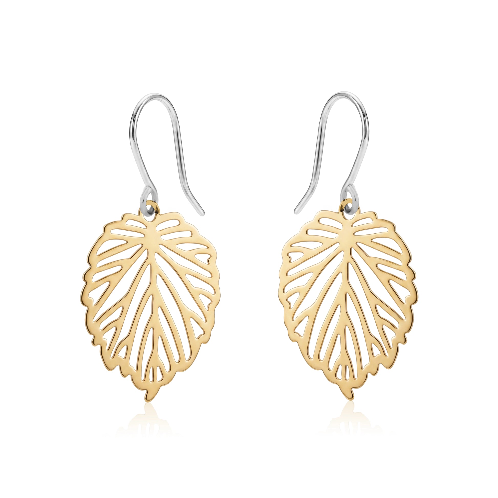 Small Monstera Leaf Earrings with a titanium hook on a white background