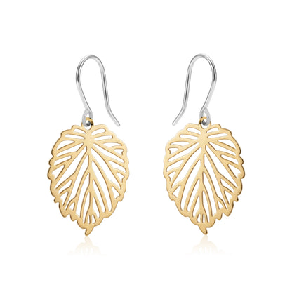 Small Monstera Leaf Earrings with a titanium hook on a white background