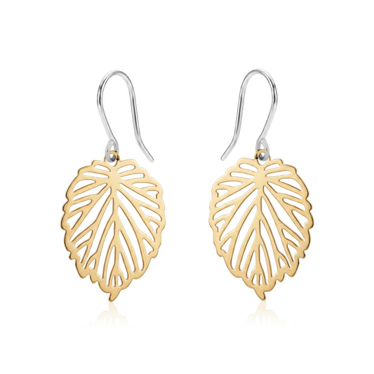 Small Monstera Leaf Earrings with a titanium hook on a white background