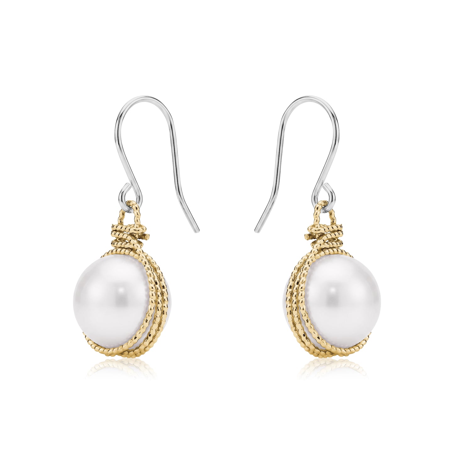 Gold caged pearl earring a titanium hook on a white backgroundearrings on a white background 