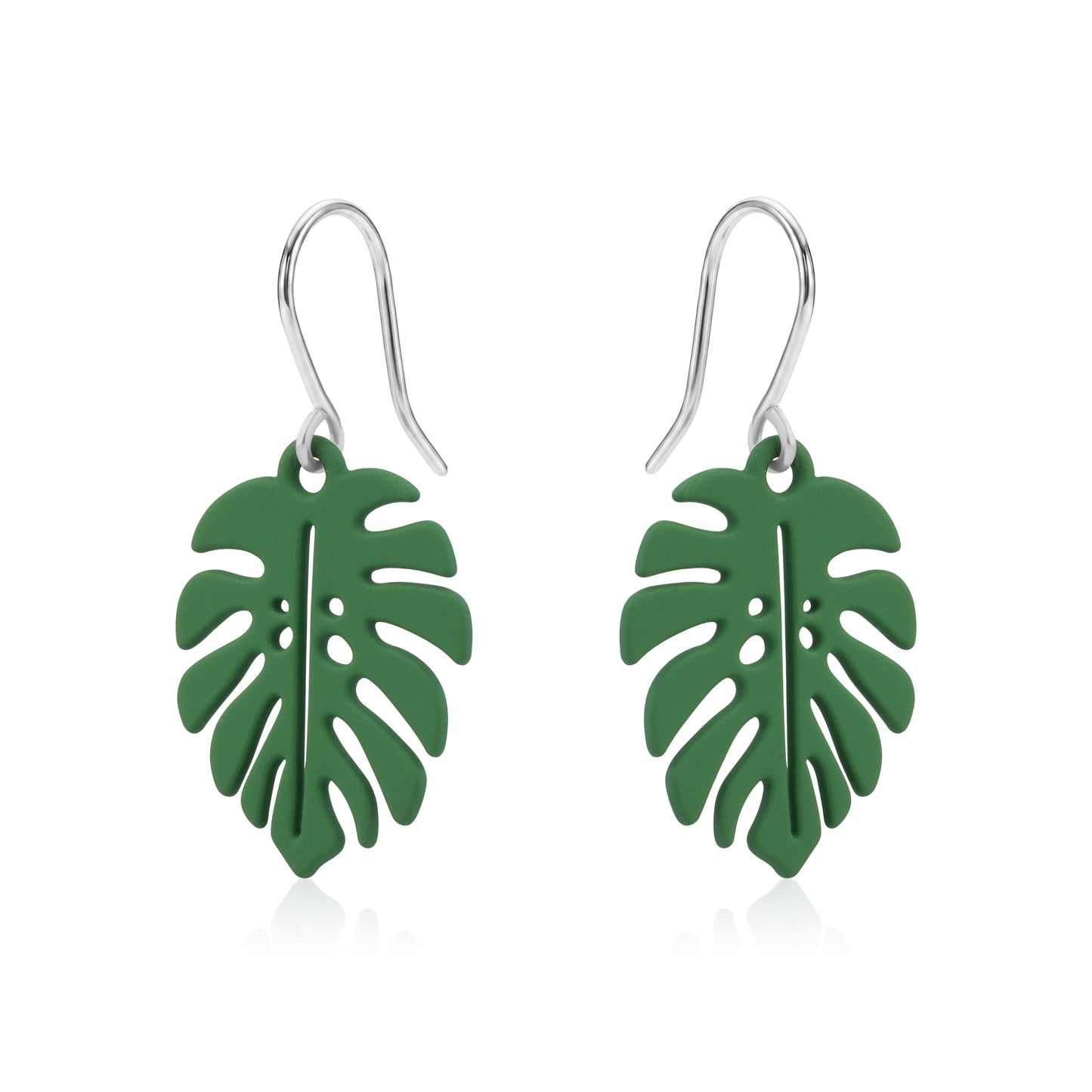 Monstera leaf earrings with a titanium hook on a white background