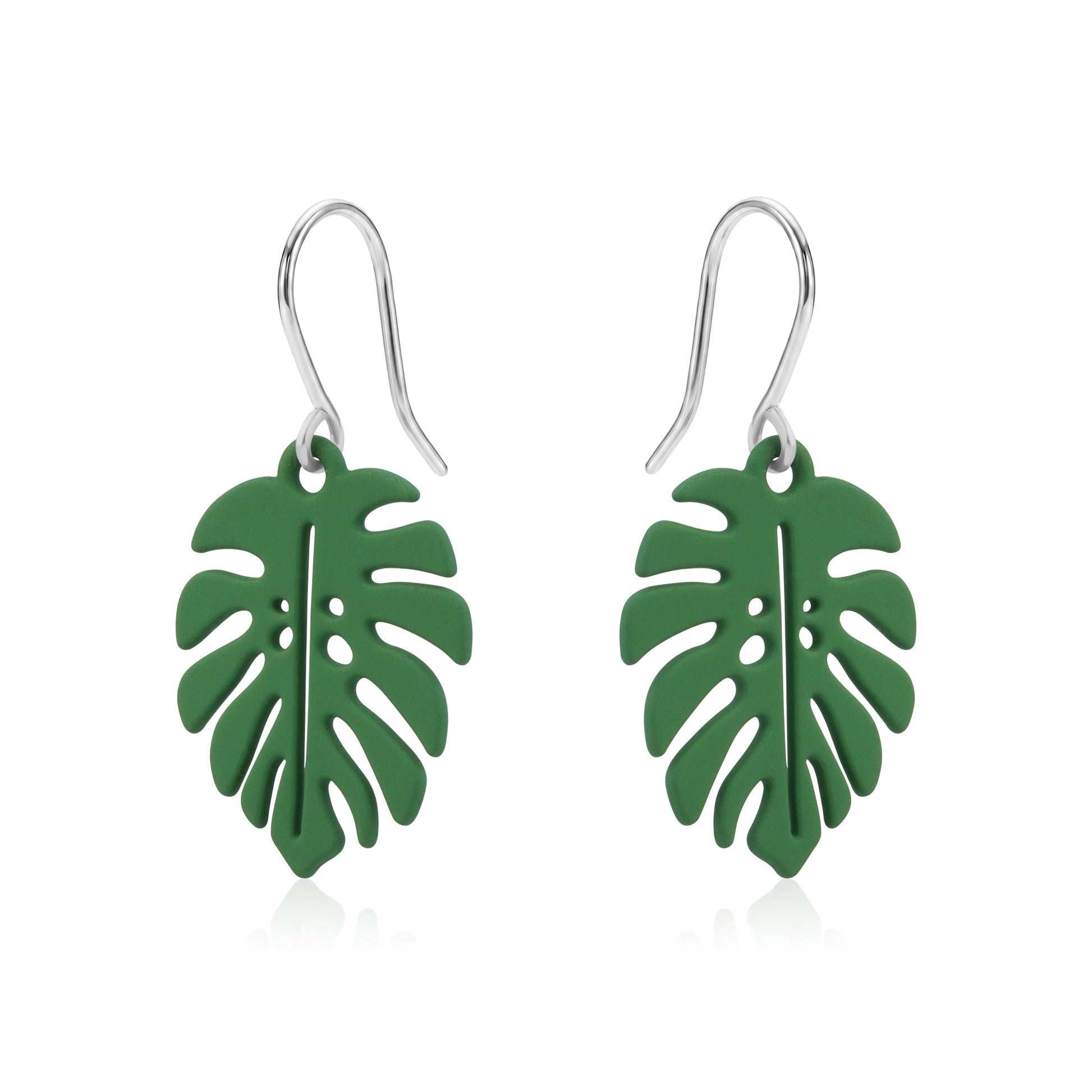 Monstera leaf earrings with a titanium hook on a white background