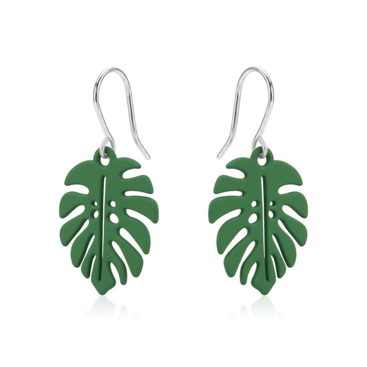 Monstera leaf earrings with a titanium hook on a white background