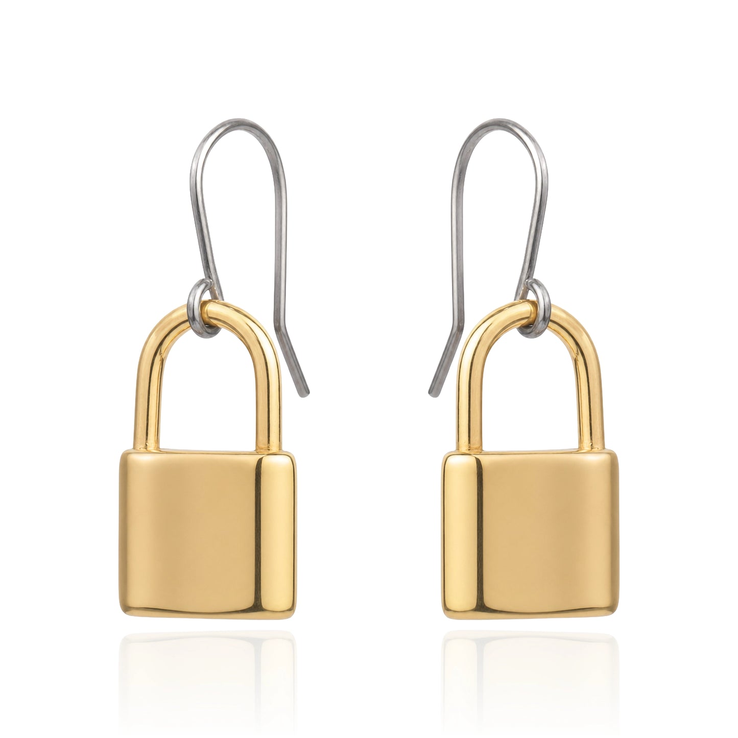A pair of drop earrings shaped like small padlocks, with polished yellow-gold and titanium hook wires above, shown on a clean white background with a faint reflection below.