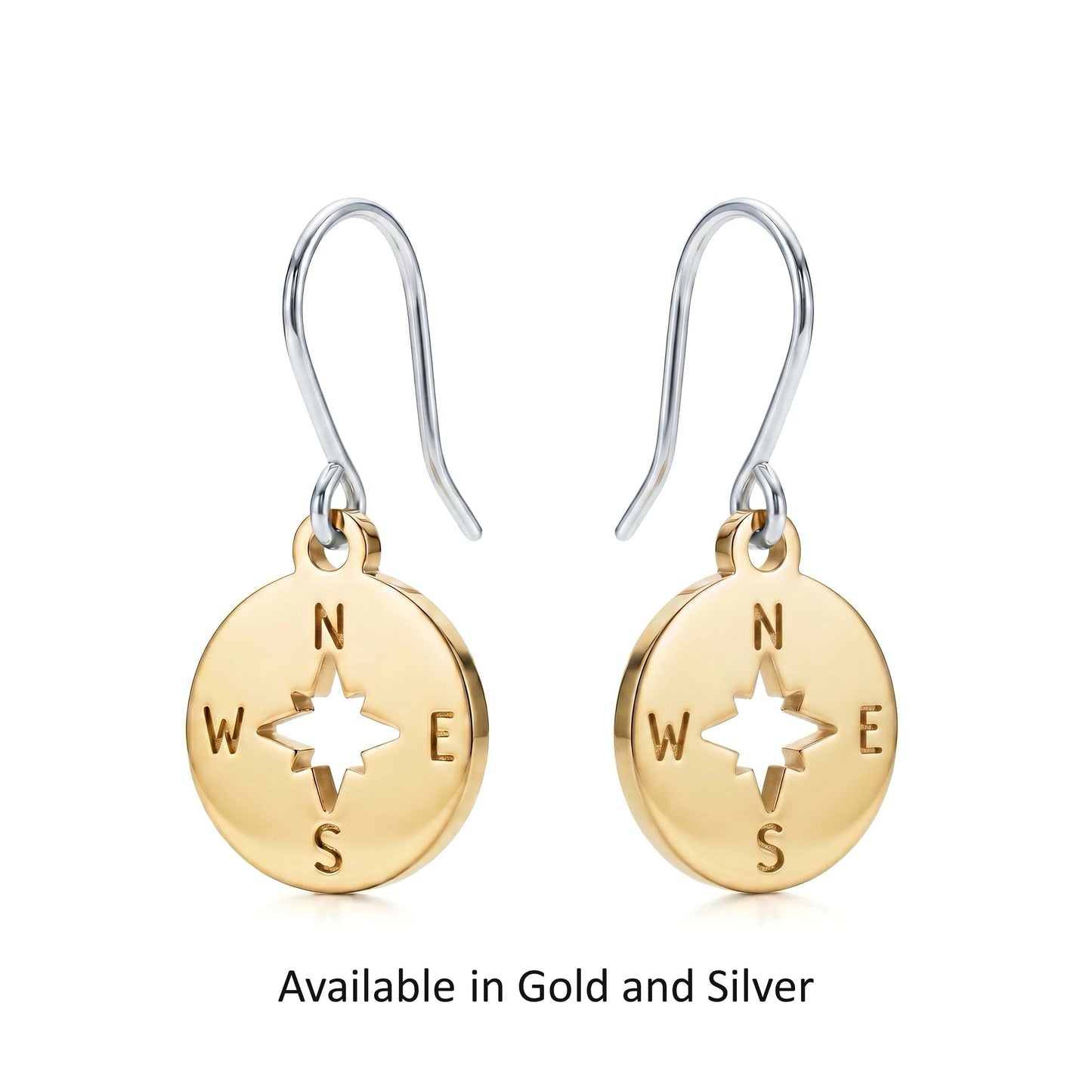 Compass earrings with titanium hooks. Shiny Gold or silver on a white background