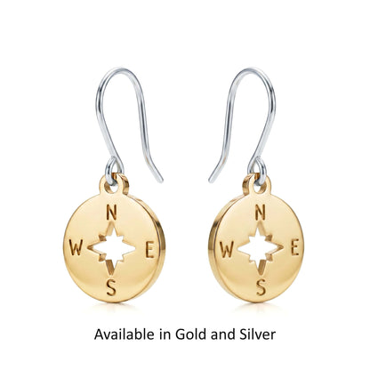 Compass earrings with titanium hooks. Shiny Gold or silver on a white background
