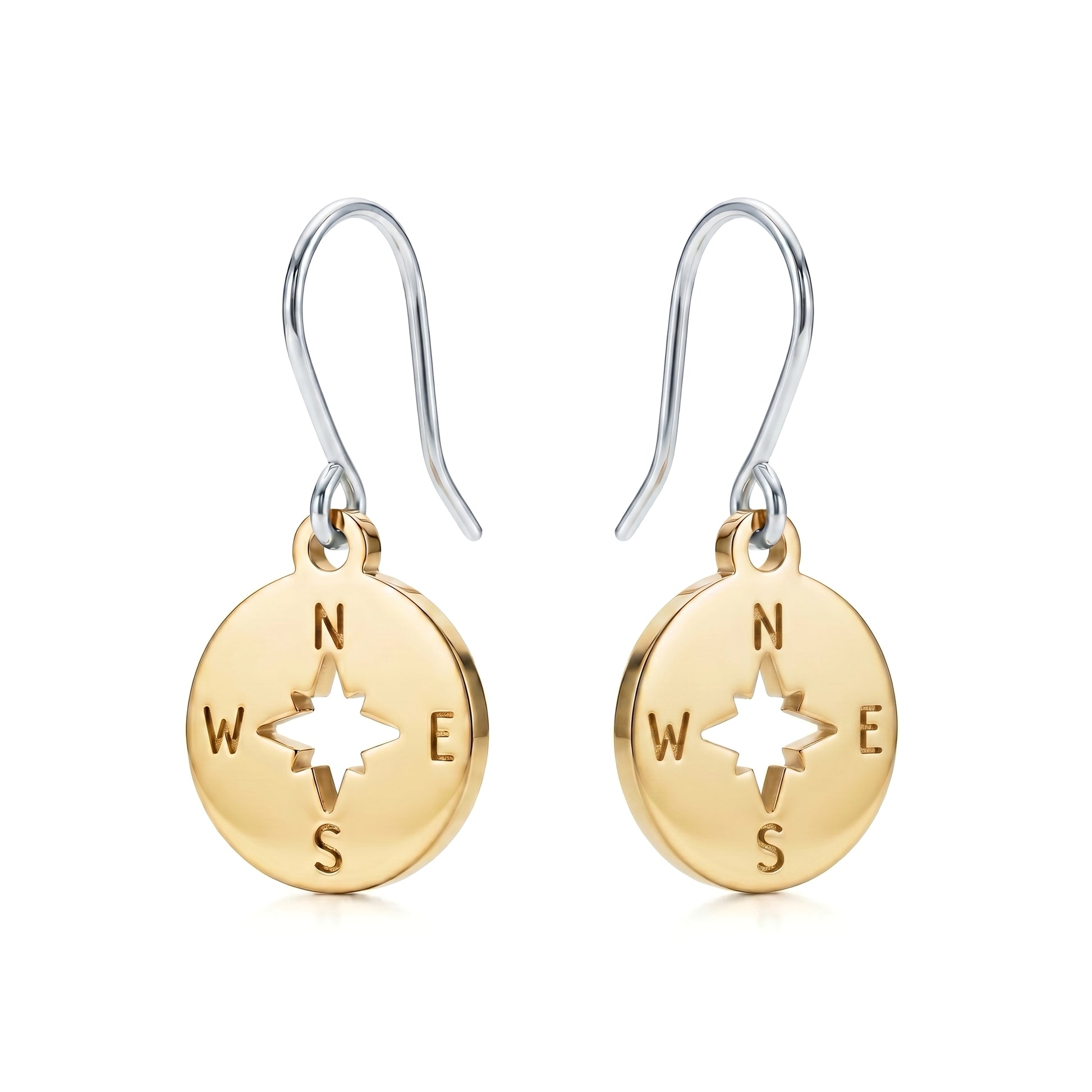 Compass earrings with titanium hooks. Shiny Gold on a white background