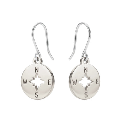 Compass earrings with titanium hooks. Shiny silver on a white background