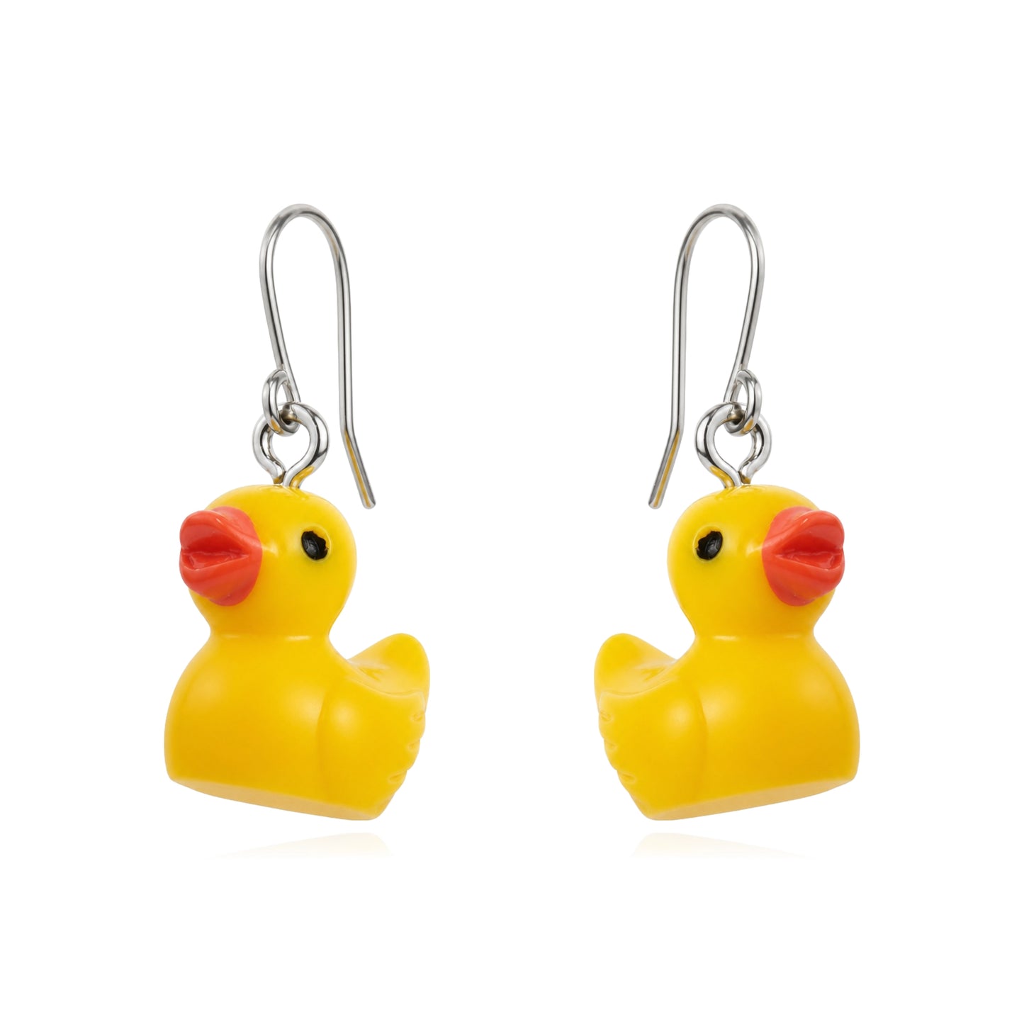 A pair of yellow rubber duck charm earrings with titanium fishhook wires and small red beaks, shown on a plain white background.