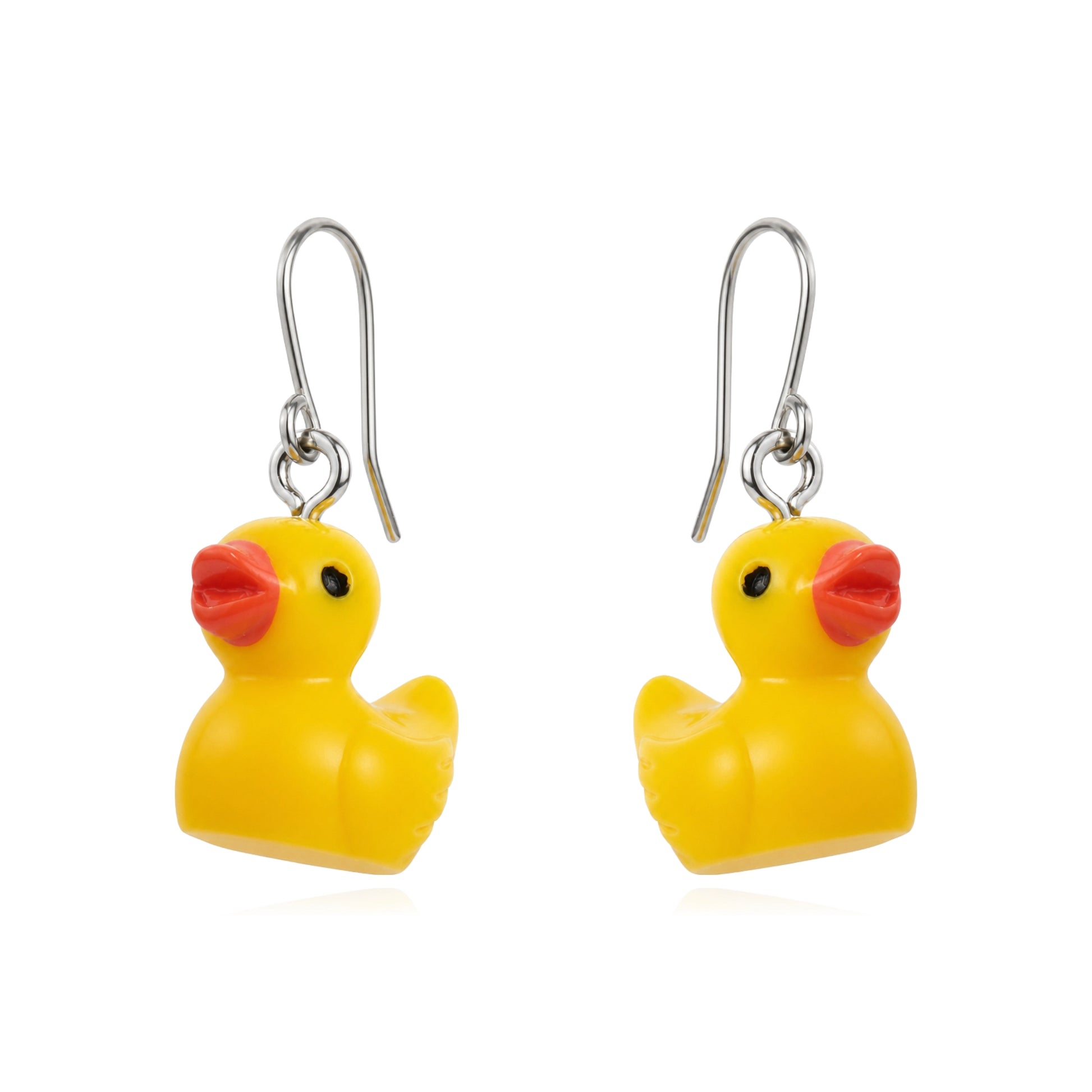 A pair of yellow rubber duck charm earrings with titanium fishhook wires and small red beaks, shown on a plain white background.