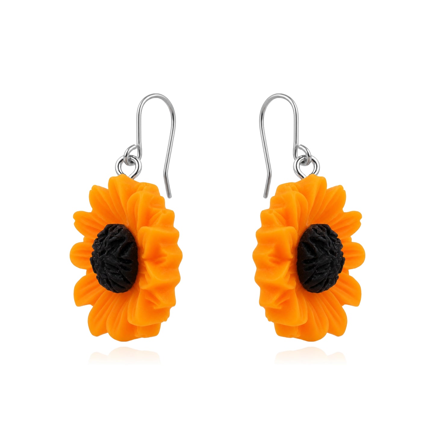 A pair of titanium dangling flower earrings shaped like bright orange sunflowers with textured black centers and titanium fishhook wires, shown on a plain white background.