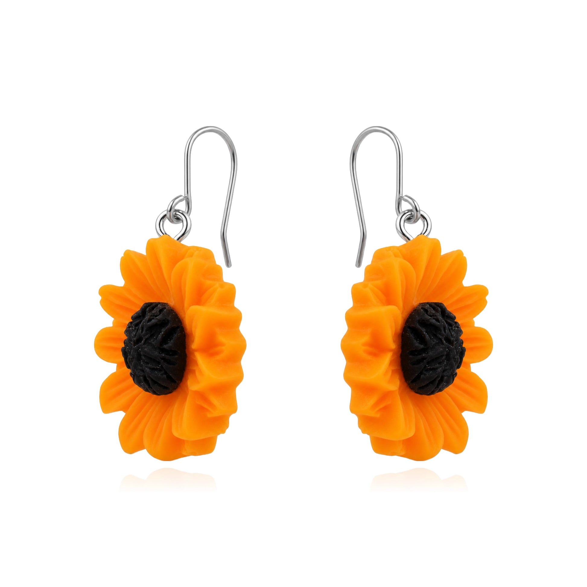 A pair of titanium dangling flower earrings shaped like bright orange sunflowers with textured black centers and titanium fishhook wires, shown on a plain white background.