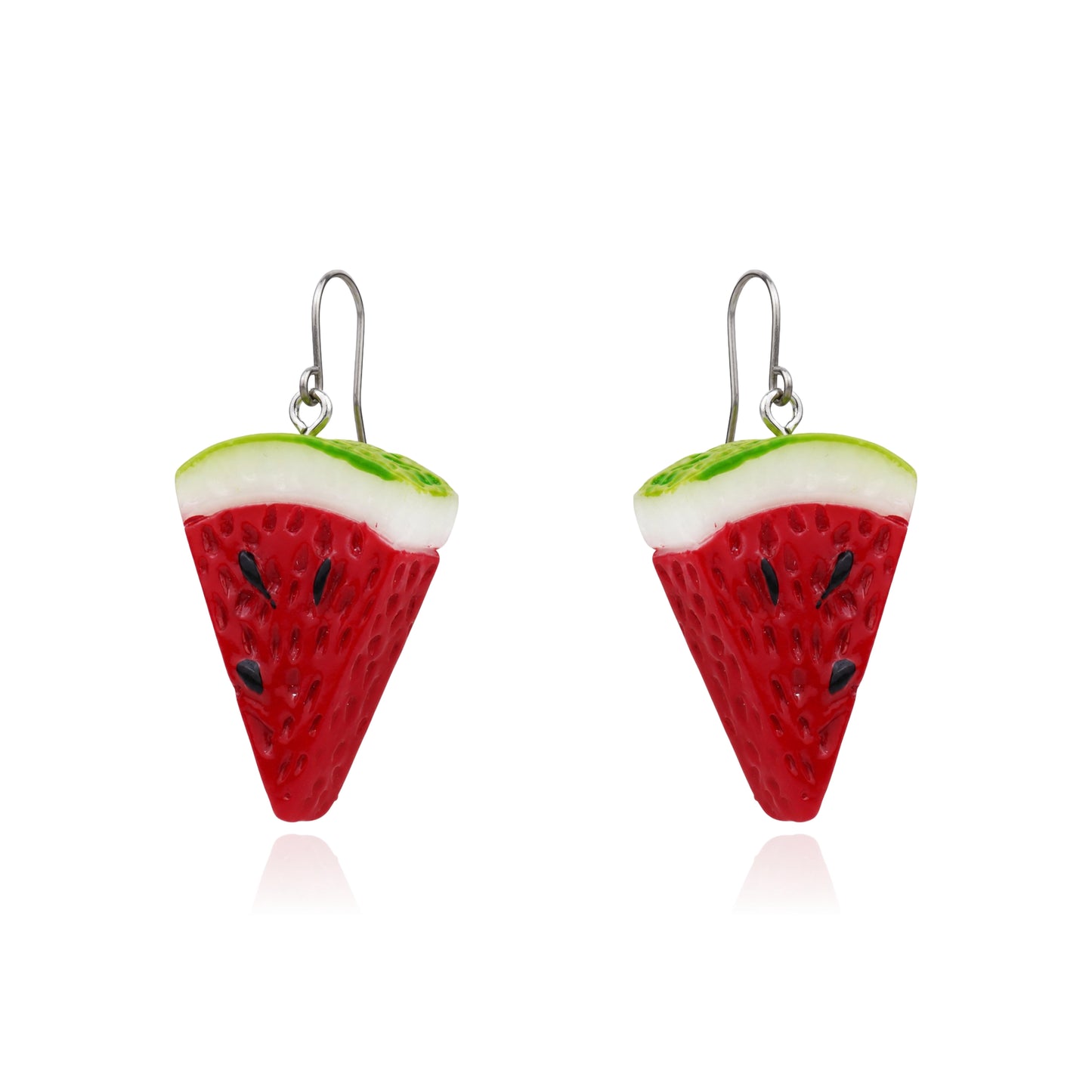 A pair of watermelon slice drop earrings with red bodies, white rinds, green edges, and small black seeds on titanium hooks, shown on a white background.