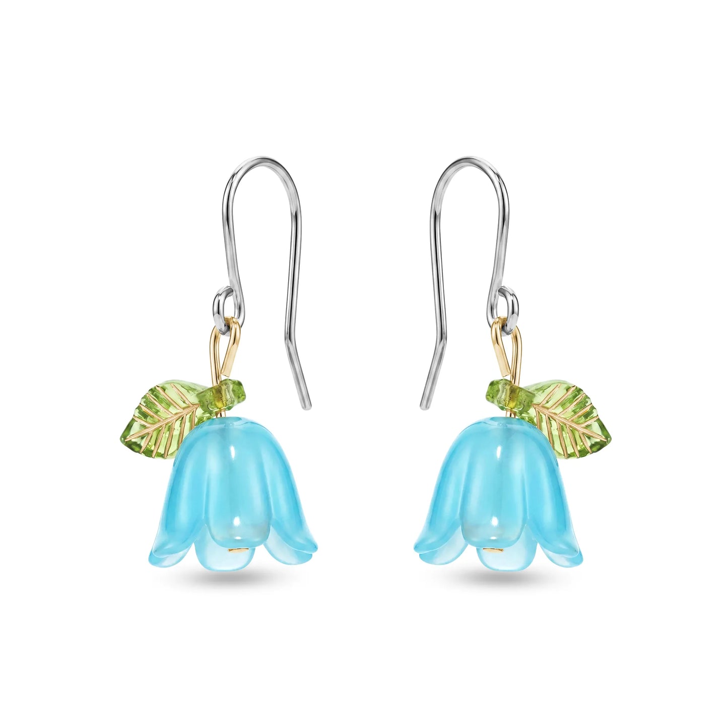 Pair of titanium blue flower-shaped earrings with green leaves on a white background