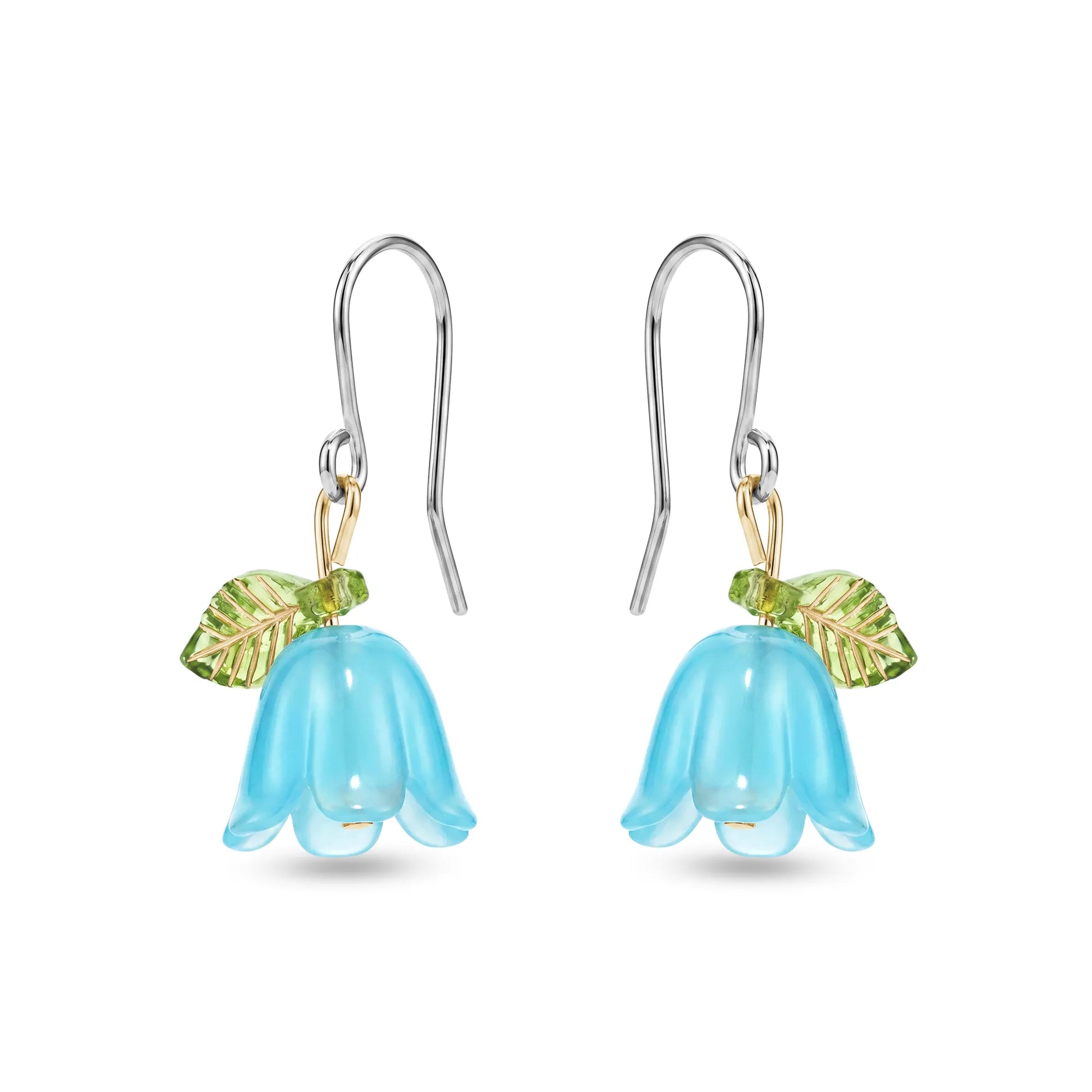 Pair of titanium blue flower-shaped earrings with green leaves on a white background
