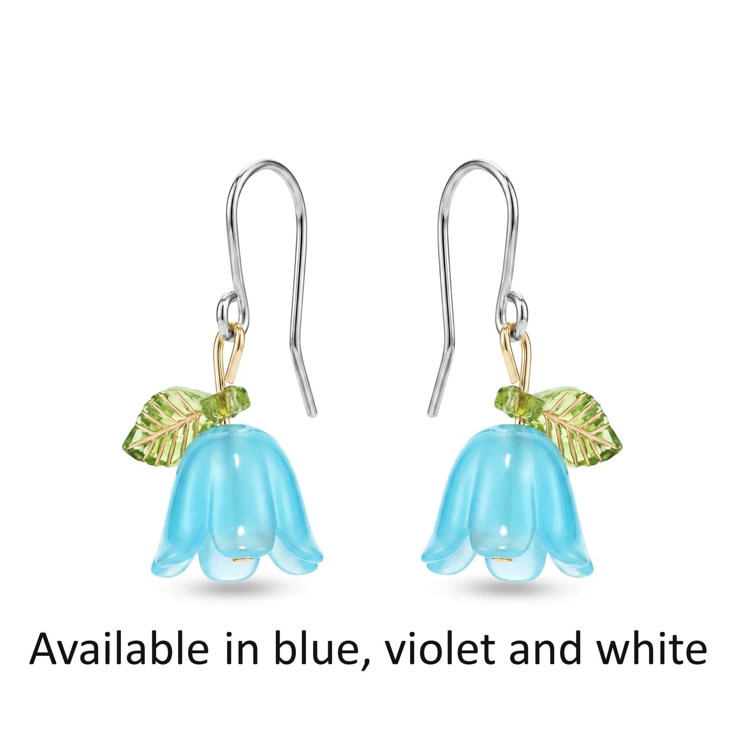 Pair of blue bell flower earrings with and green leaves in 3 colours on a white background