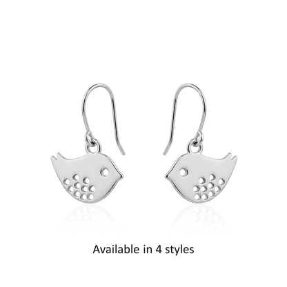 Songbird Charm earrings with a titanium hook on a white background 4 styles