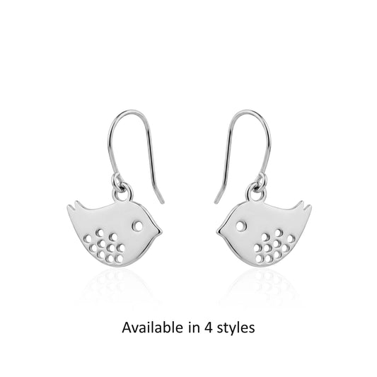Songbird Charm earrings with a titanium hook on a white background 4 styles