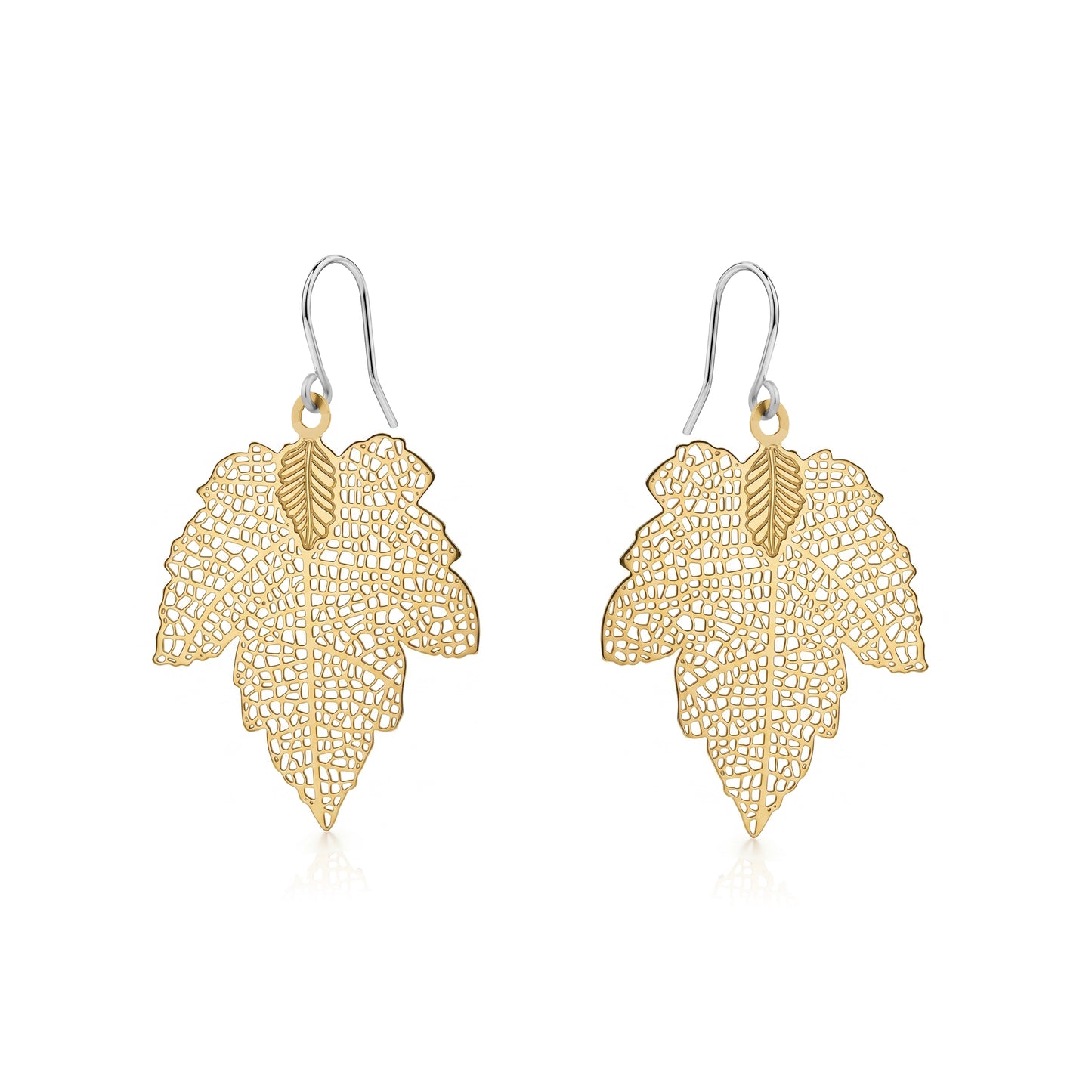 Maple leaf gold leaf earring with a titanium hook on a white background