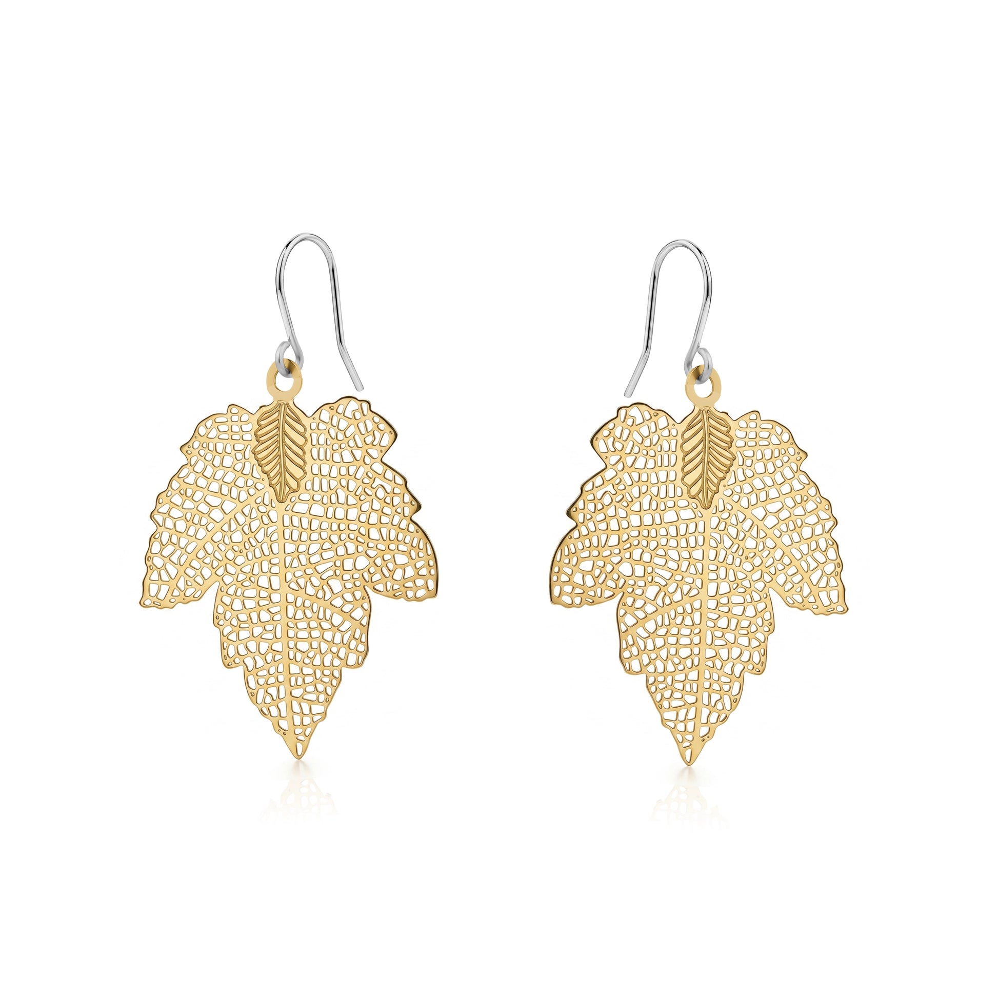 Maple leaf gold leaf earring with a titanium hook on a white background