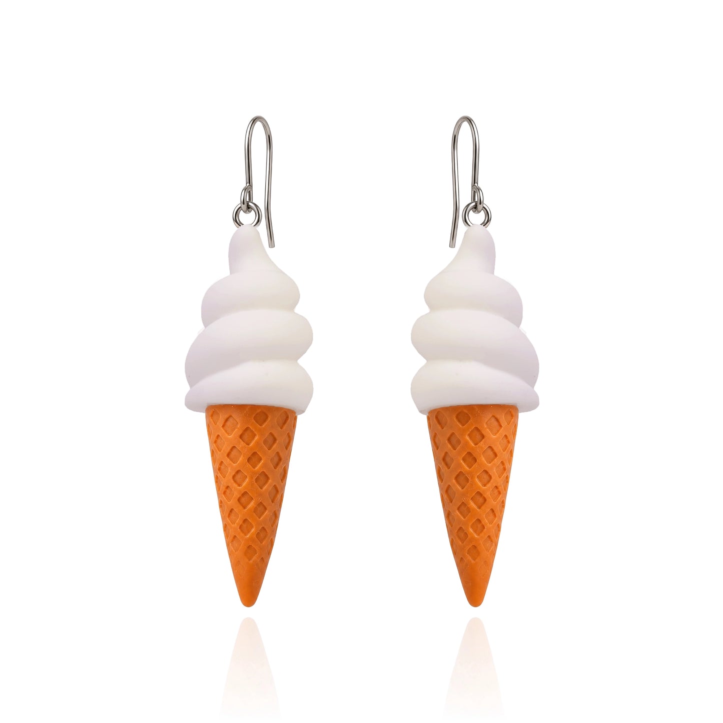 A pair of dangling earrings shaped like ice cream cones, with white swirls representing soft serve and an orange waffle-cone base, hanging from titanium fishhook ear wires on a white background.