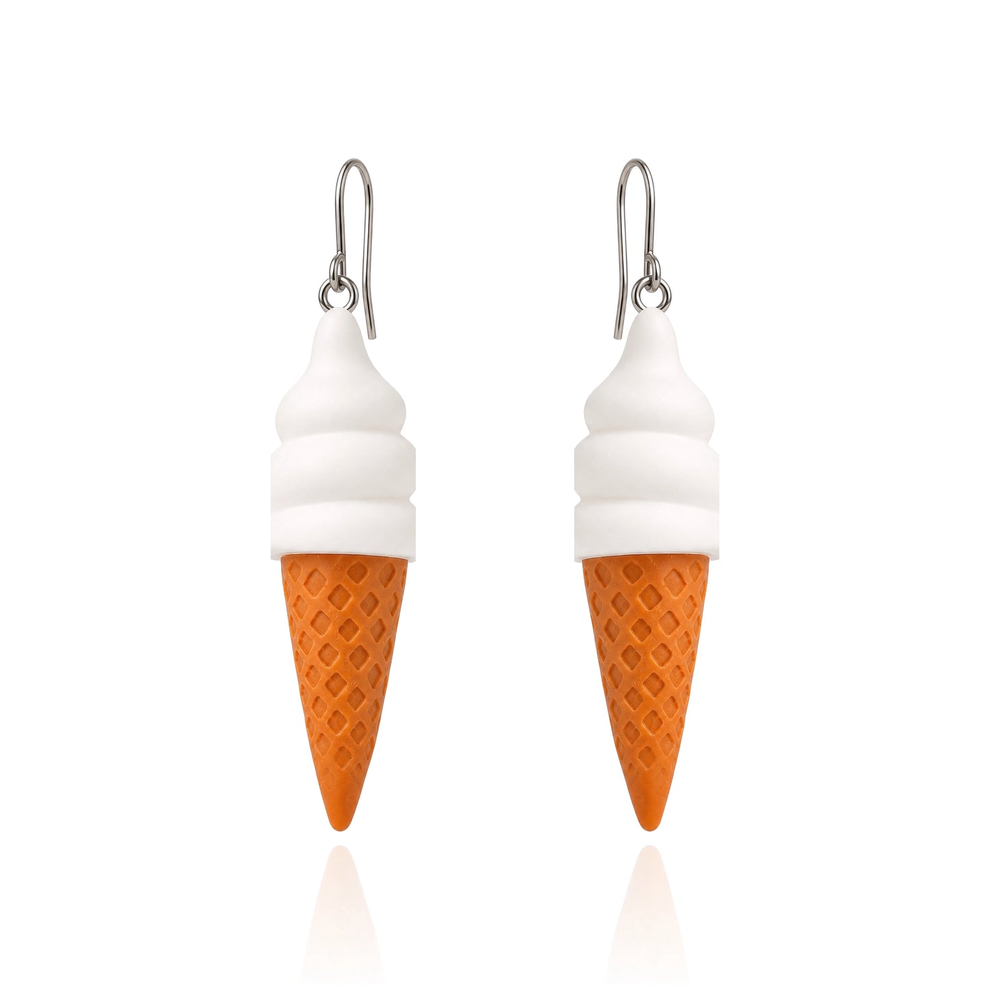 A pair of dangling earrings shaped like ice cream cones, with white swirls representing soft serve and an orange waffle-cone base, hanging from titanium fishhook ear wires on a white background.