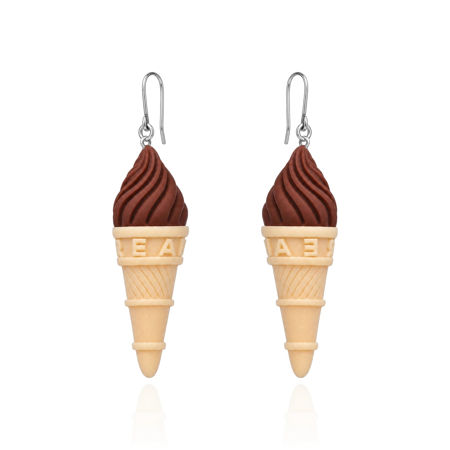 A pair of dangling ice cream cone earrings on a white background. The earrings feature a dark brown swirl resembling soft-serve ice cream in a waffle cone, with titanium fishhook ear wires.