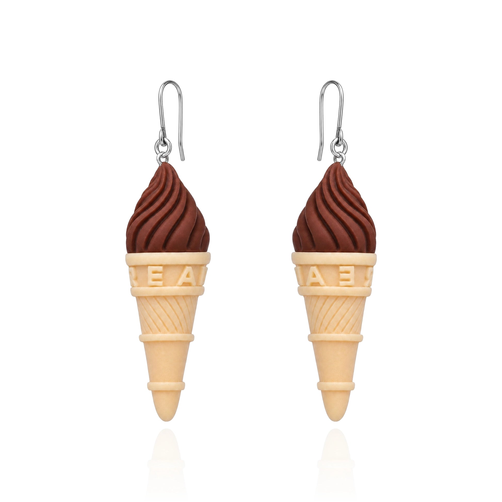 A pair of dangling ice cream cone earrings on a white background. The earrings feature a dark brown swirl resembling soft-serve ice cream in a waffle cone, with titanium fishhook ear wires.