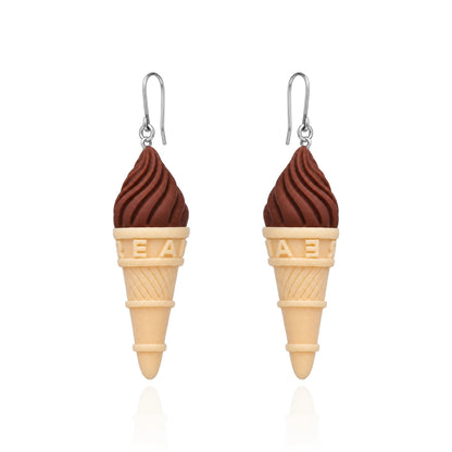 A pair of dangling ice cream cone earrings on a white background. The earrings feature a dark brown swirl resembling soft-serve ice cream in a waffle cone, with titanium fishhook ear wires.