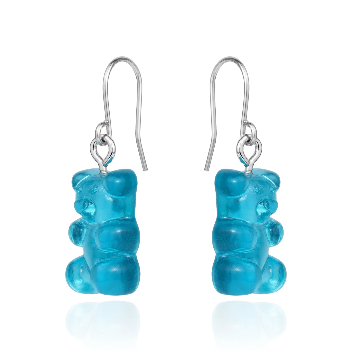 Gummy bear earrings with a titanium hook on a white background. blue