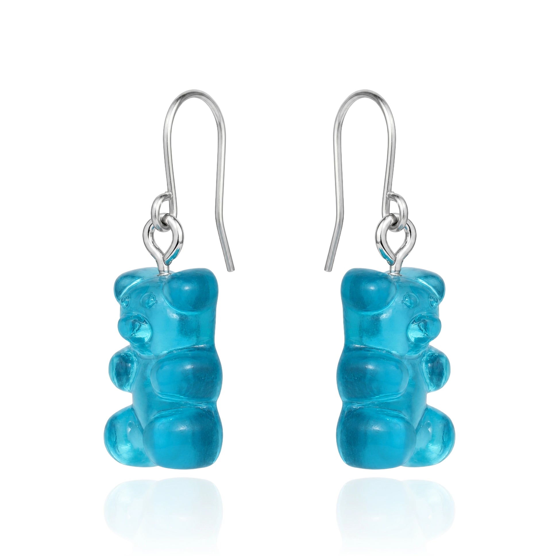 Gummy bear earrings with a titanium hook on a white background. blue
