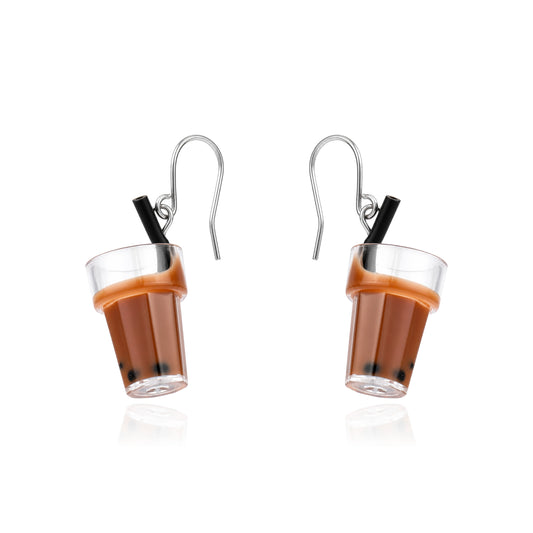 Boba Milk Tea Earrings with titanium hook on a white background