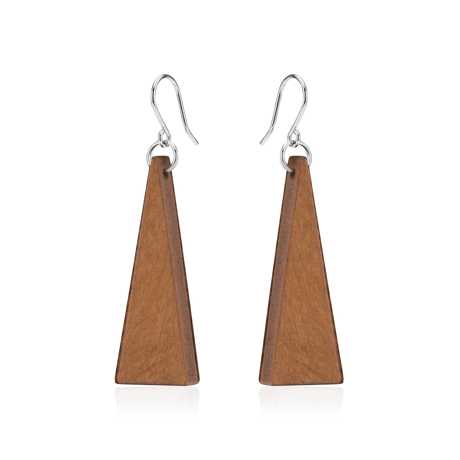 Wooden Triangle Earrings with titanium hook on a white background